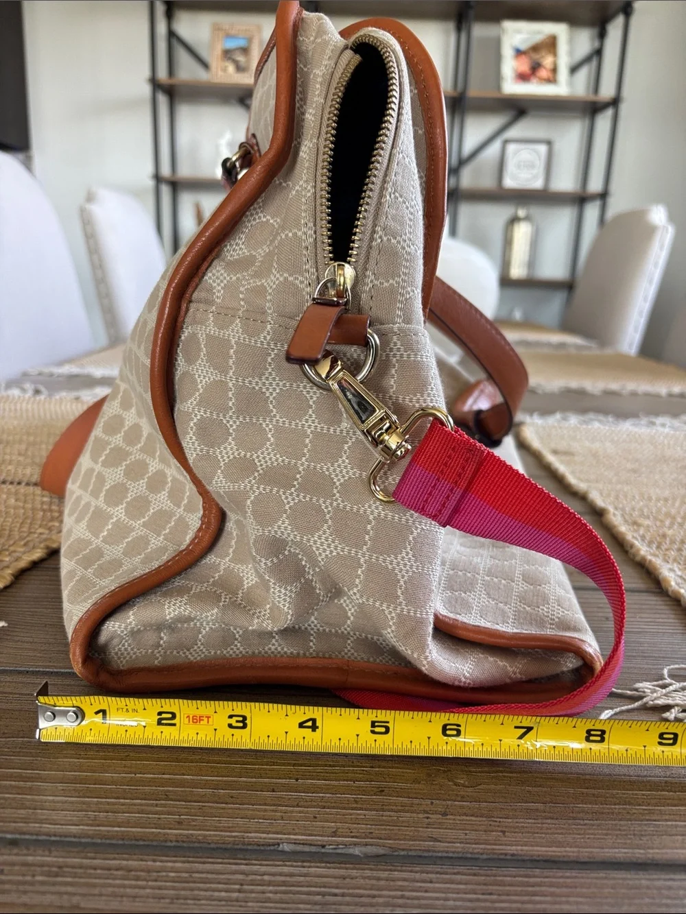 kate spade Beige Monogram Travel Tote with Pink and Red Stripe